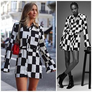Mango Check Button Shirt Dress Black White New